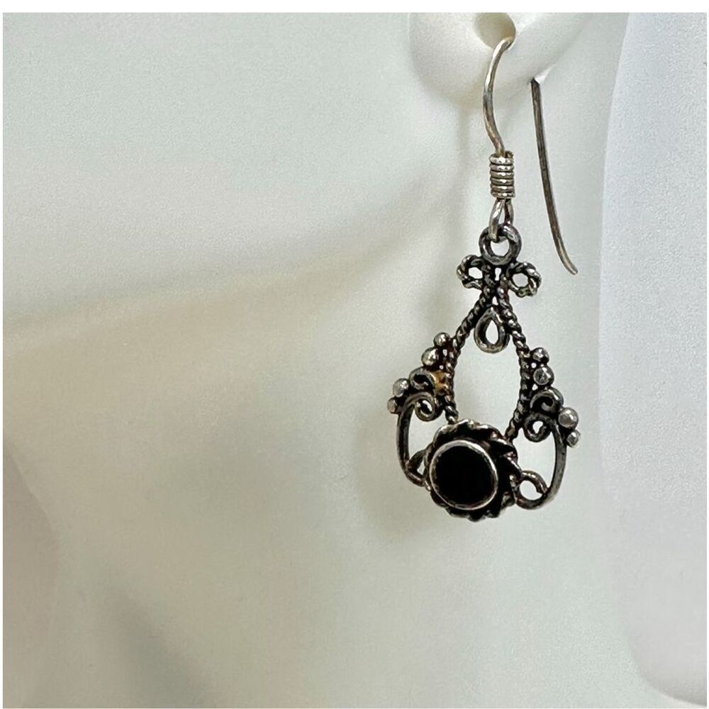 Sterling silver onyx ornate drop earrings
